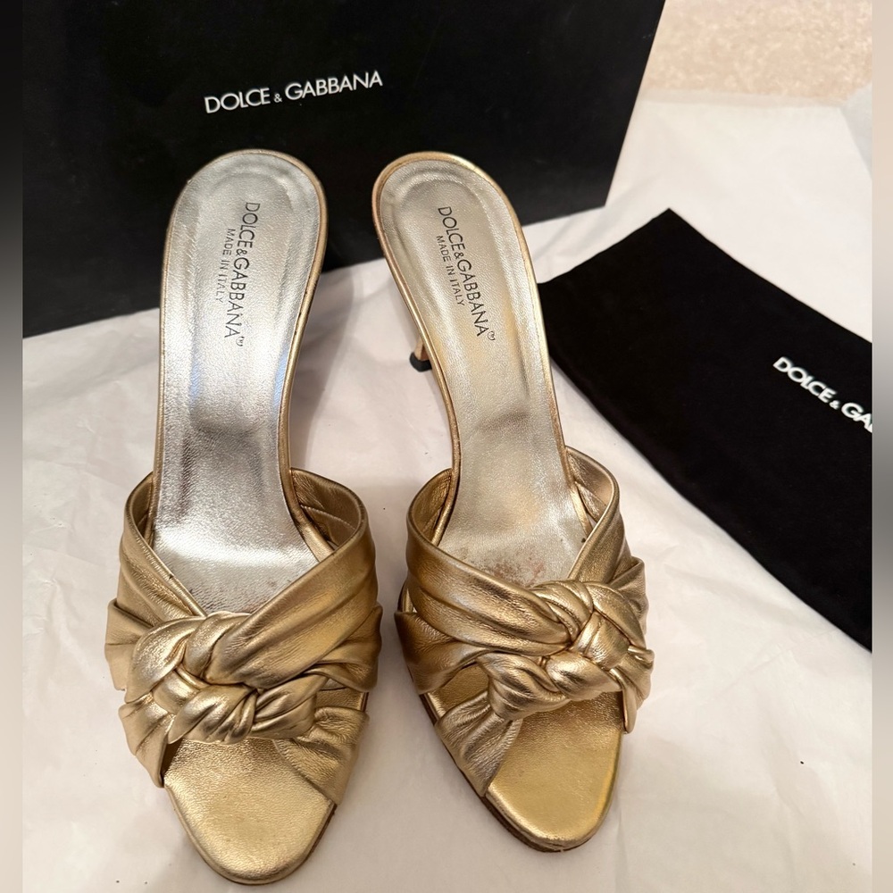 Dolce & Gabbana Metallic Gold Knotted Mules 36.5